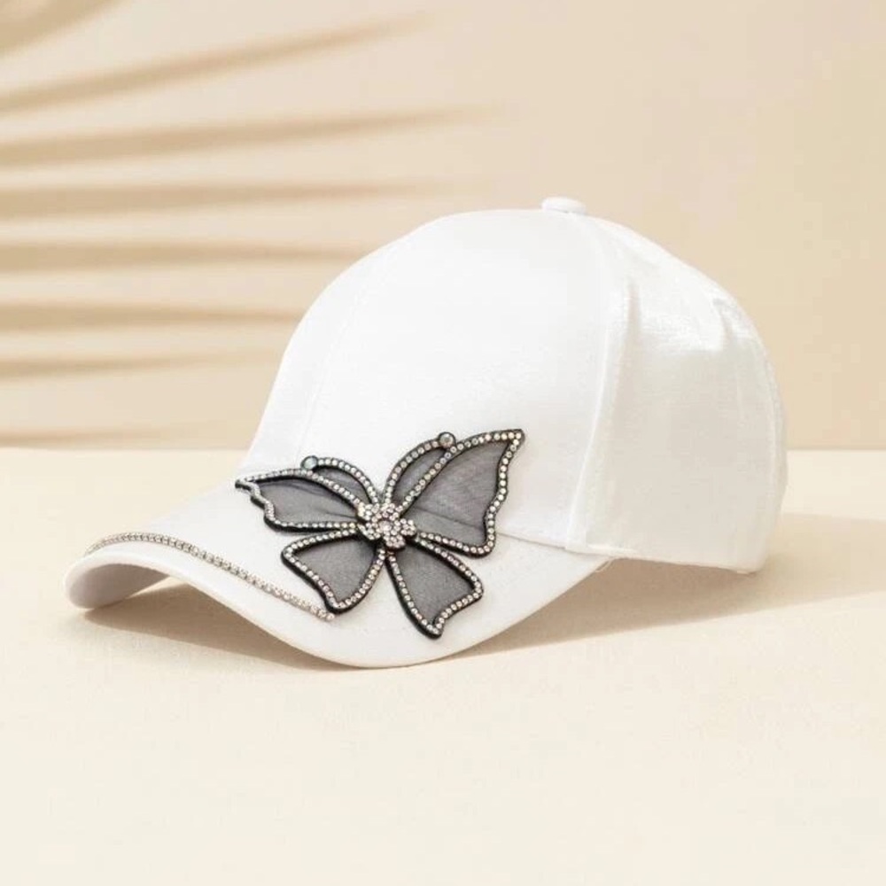 White Rhinestone & Butterfly Decor Baseball Cap - Picture 2 of 10
